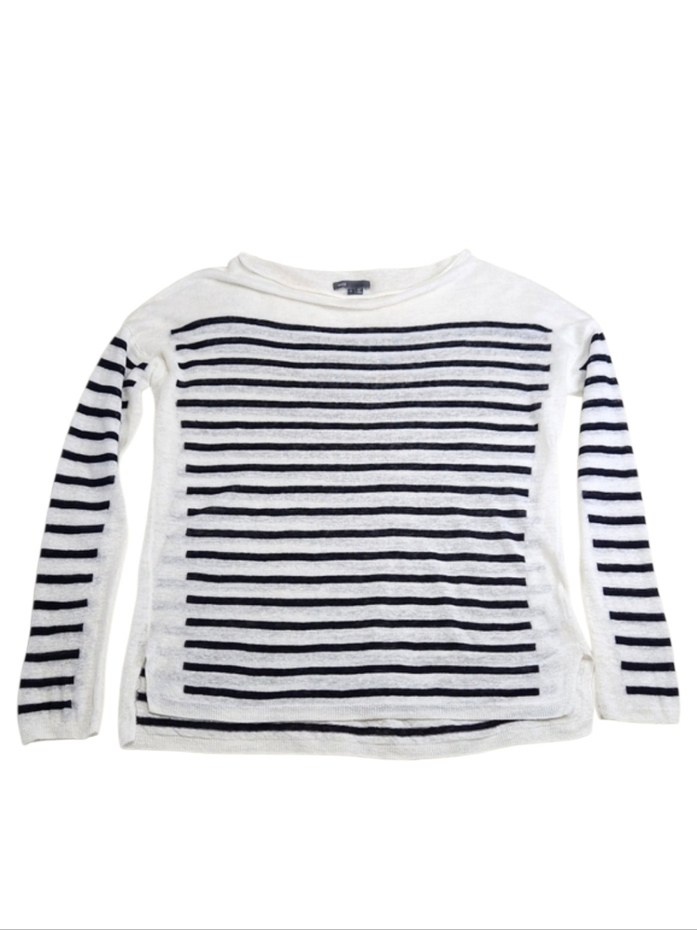 VINCE Intarsia Striped Linen Sweater Pullover in White/Dark Navy Size Large